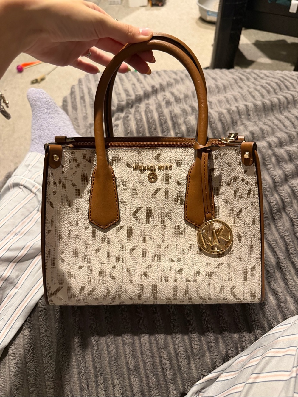 Michael Kors Cream and Tan MK Signature Satchel